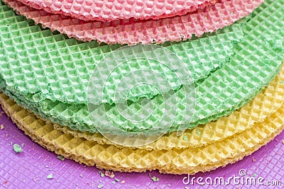 Colourfull waffles. Textured abstract background. Close up. Flat lay Stock Photo