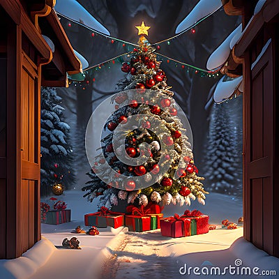 Colourfully decorated Christmas tree in winter wonderland setting Stock Photo