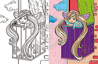 Colouring Book Of Angel Girl On Balcony Vector Illustration