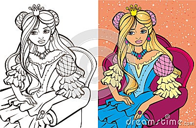 Colouring Book Of Blonde Princess Vector Illustration