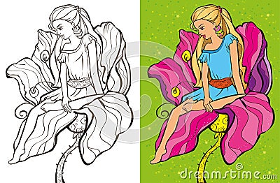 Colouring Book Of Cirl Sit On Flower Vector Illustration
