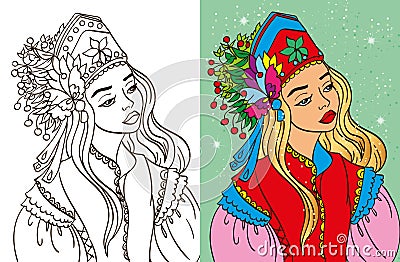 Colouring Book Of Girl In Kokoshnik Vector Illustration