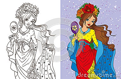 Colouring Book Of Girl With Mirror Vector Illustration