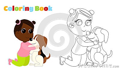 Colouring Book. Little charming girl hugs a beagle dog. The child is sitting on his lap, smiling and happy. Vector Illustration