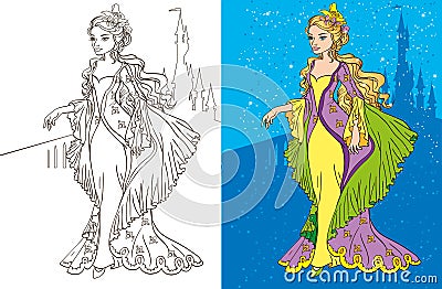 Colouring Book Of Princess And Castle Vector Illustration