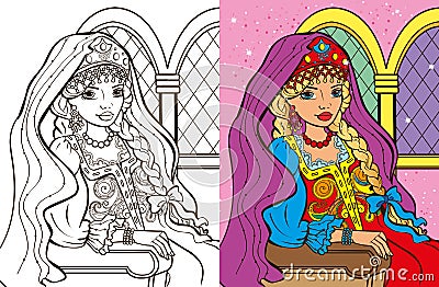 Colouring Book Of Russian Princess Vector Illustration