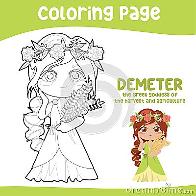 Colouring worksheet of Demeter Goddess of the harvest and agriculture. Ancient Greece mythology. Vector Illustration