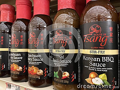Row of Tsang asian sauce in a glass jar Editorial Stock Photo