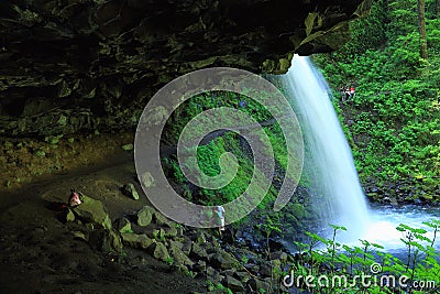 Columbia River Gorge, Oregon, View from behind Ponytail Falls, Pacific Northwest, USA Stock Photo