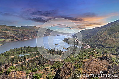 Columbia River Gorge from Rowena Crest at sunset Stock Photo