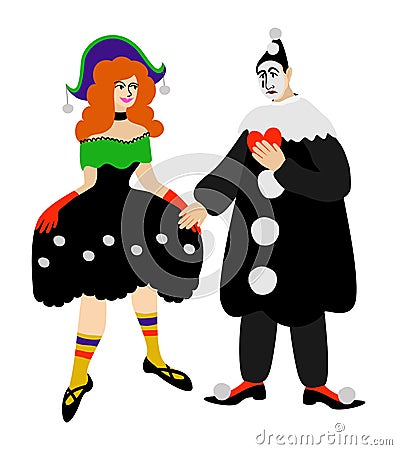 Columbine and Pierrot. Principal characters of italian traditional comedy. Commedia dell'arte. Vector Illustration