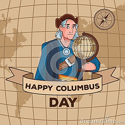 Columbus day celebration scene of christopher lifting world map ribbon frame Vector Illustration