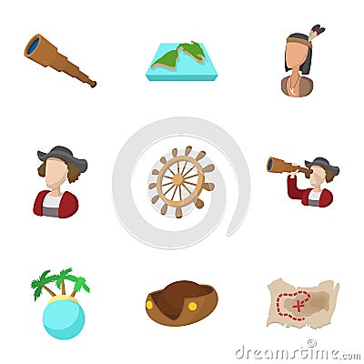 Columbus Day icons set, cartoon style Vector Illustration