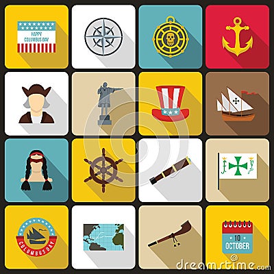 Columbus Day icons set, flat style Vector Illustration