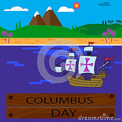 Columbus day. with land and ship in Ocean. Flat. Vector Stock Photo