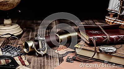 Columbus Day. Pirates and treasure with vintage worldmap and discovery of old equipment. Stock Photo