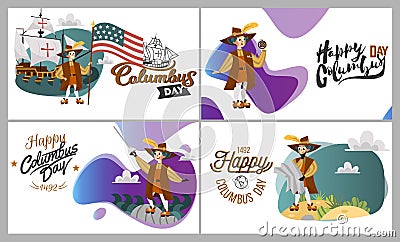 Columbus Day set with ship map helm compass symbols greeting card lettering text logo design Vector Illustration