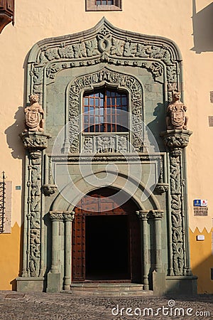 Entrance portal of Columbus House Casa de Colon in Las Palmas, Gran Canaria, Spain Editorial Stock Photo