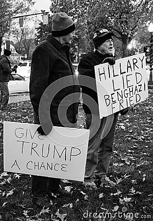 Counter Protestor Holds Anti Hillary Clinton Sign at Rally after the Election of Donald Trump Editorial Stock Photo