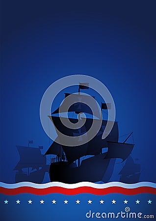 Columbus ship, La Santa Maria, Pinta and Nina sailing across the vast ocean on blue background Vector Illustration