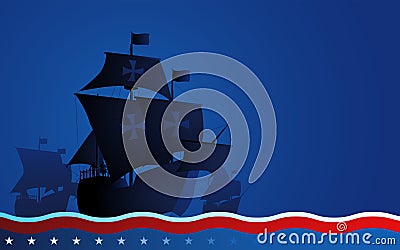 Columbus ship, La Santa Maria, Pinta and Nina sailing across the vast ocean on blue background Vector Illustration