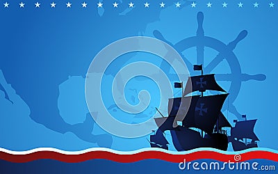 Columbus ship, La Santa Maria, Pinta and Nina sailing across the vast ocean on blue background Vector Illustration