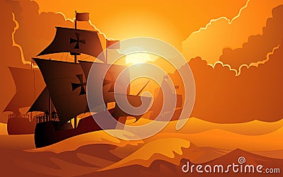 Columbus ship, La Santa Maria, sailing gracefully across the vast ocean Vector Illustration