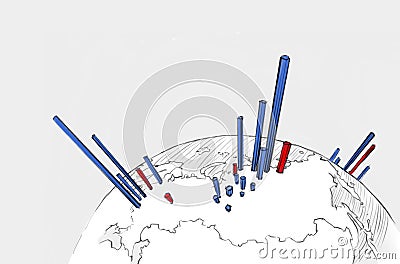 Column chart on the globe Cartoon Illustration