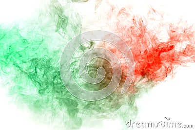 clouds of smoke and patterns texture of different forms of red and green colors with tongues of flame on a white isolated Stock Photo