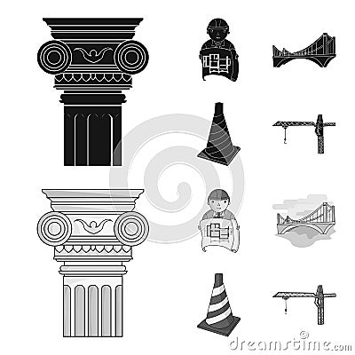 Column, master with drawing, bridge, index cone. Architecture set collection icons in black,monochrome style vector Vector Illustration