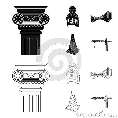 Column, master with drawing, bridge, index cone. Architecture set collection icons in black,outline style vector symbol Vector Illustration