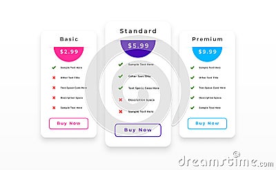 3 column pricing chart table layout for web app Vector Illustration