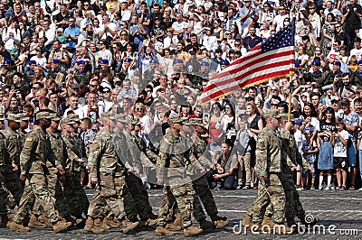 A column of US soldiers at the celebration of 30 years of independence of Ukraine Editorial Stock Photo