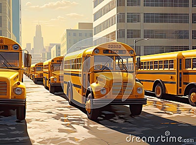 Column of yellow buses created with Generative AI technology Stock Photo