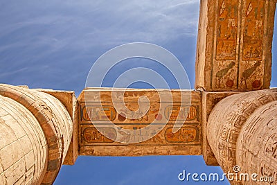 Columns with color hieroglyphs in Karnak temple. Egypt Stock Photo