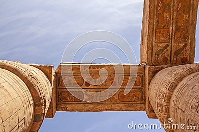 Columns with color hieroglyphs in Karnak temple. Egypt Stock Photo