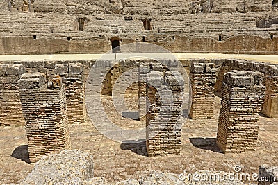 Columns of former underground tunnels in the roman amphitheatre at Italica, Roman city in the province of Hispania Baetica Stock Photo