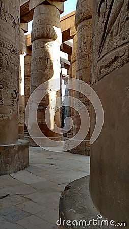 Columns in the Karnak temple where we see hieroglyphs Stock Photo