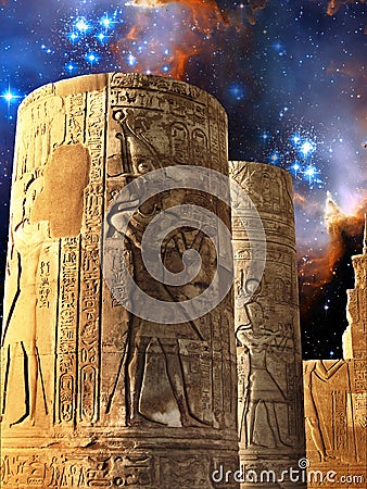 Columns of the Kom-Ombo Temple and Small Magellanic Cloud (Elements of this image furnished by NASA) Stock Photo