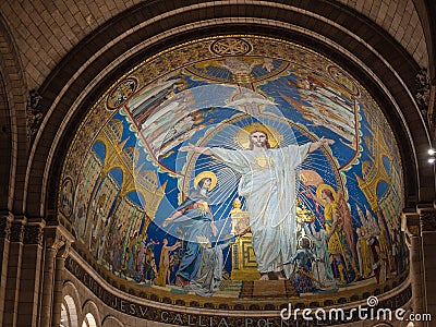 Columns and mosaic ceiling with sacred images inside the sacre-coeur church in the Montmartre district, Paris. Editorial Stock Photo