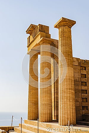 Columns of the most ancient Acropolis of Lindos in Greece. City of Lindos, Rhodes Island, Greece. Stock Photo