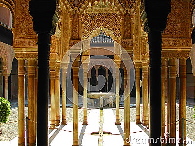 Columns of the palace of Alhambra in Granada, Spain with the view of the Court of Lions Stock Photo