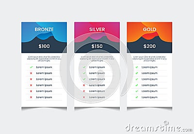 3 columns of price list table desing template, comparative table, infographic tariff vector Vector Illustration