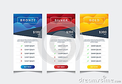 3 columns of price list table desing template, comparative table, infographic tariff vector Vector Illustration