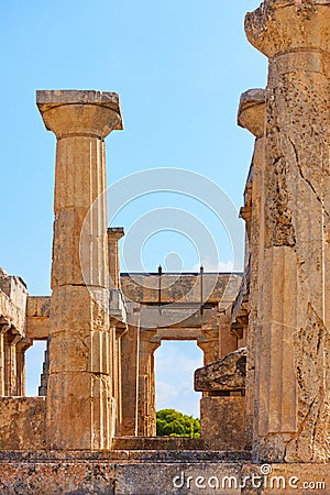 Columns of Temple of Aphaea in Aegina Island Stock Photo