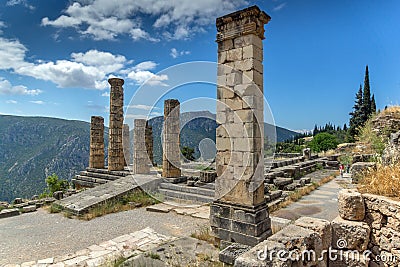 Columns in The Temple of Apollo and panorama Ancient Greek archaeological site of Delphi, Greece Stock Photo