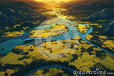 Colza fields with azure river in the middle. Aerial view. Generative AI Cartoon Illustration