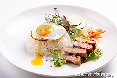 Com Tam, Vietnamese dish with broken rice served with grilled pork, pickled vegetables, fried egg, generative AI Stock Photo