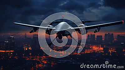 Combat drone weapon. military technology. Unmanned drone above city Stock Photo