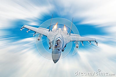 Combat fighter jet on a military mission with weapons - rockets, bombs, weapons on wings, at high speed with fire afterburner engi Stock Photo